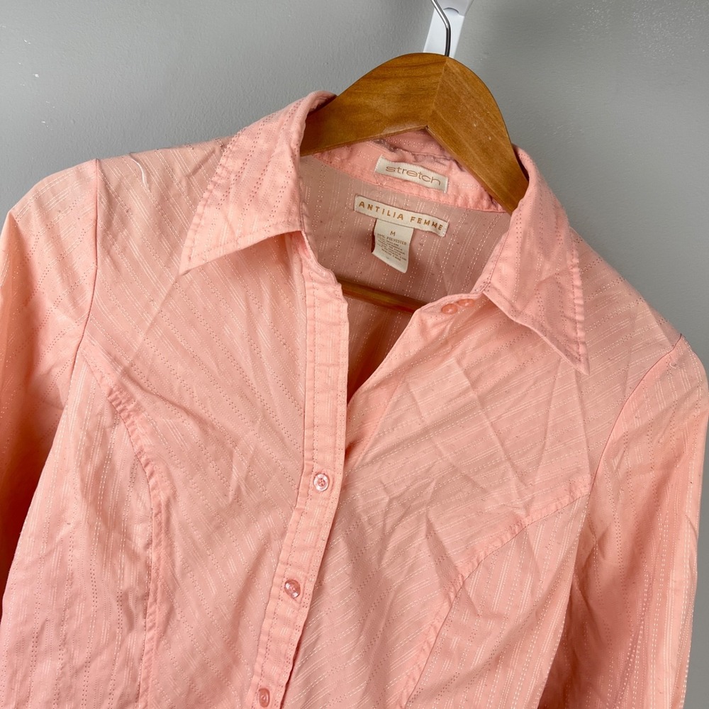 Antilia Femme Stretch Shirt Top Womens M Peach Pink Button Up Fitted Coquette